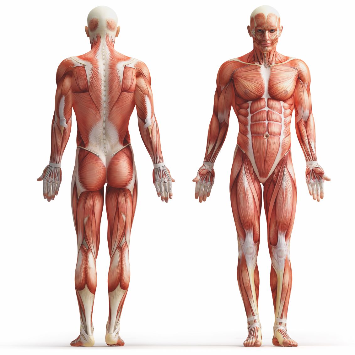Anatomische Darstellung der menschlichen Muskulatur, Rück- und Vorderansicht